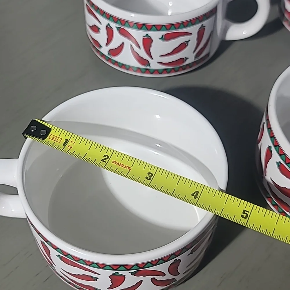Stackable Red Chili Pattern Ceramic Mugs With Pepper Condiment Bowl - Picture 9 of 9